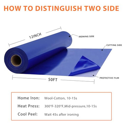 RENLITONG Royal Blue Iron on Vinyl 12Inch by 50ft Roll Heat Transfer Vinyl for T