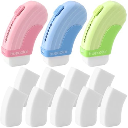 12 Pack Sliding Retractable Eraser 3Pcs Large Push up Mechanical Eraser with 9Pcs Erasers Refills Cute Art Drawing Pencil Erasers for Office Supplies Stationery Gifts for Boys Girls (12 Count)