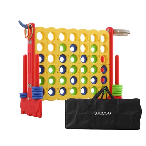 Giant 4-in-a-Row Game with Carry Bag, 3-in-1 Jumbo 4-to-Score Outdoor Yard Game with Basketball Hoop, Ring Toss, Quick-Release Slider, 42 Rings, Family Party Game for Kids & Adults