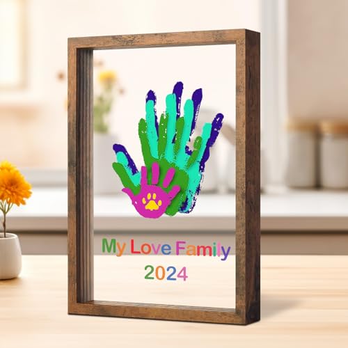 Family Handprint Kit DIY Craft Keepsake Wooden Frame Non Toxic Paints Transparent Sheets Perfect for Handprints Prints and Footprints Endless Present Set for New Parents and Family Memories