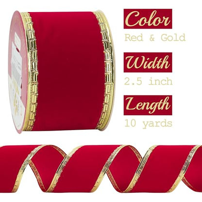 2.5 Inch Red Velvet Christmas Ribbon 10 Yards Velvet Wired Ribbons with Gold Greek Key Edge Ribbons Red Ribbon for Christmas Tree Decoration (30 Foot)