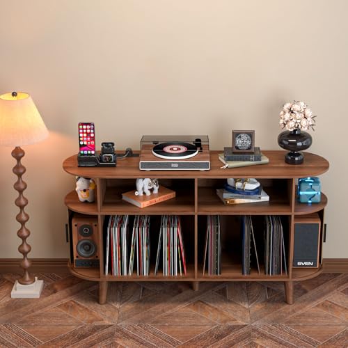 Large Round Record Player Stand with Charging Station & USB Ports