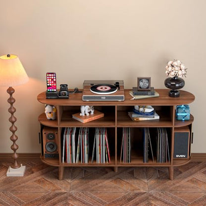 Large Round Record Player Stand with Charging Station & USB Ports