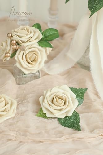 Artificial Flowers 25pcs Real Looking Beige Foam Fake Roses with Stems for DIY Wedding Bouquets Bridal Shower Centerpieces Floral Arrangements Party Tables Home Decorations (25 Count)