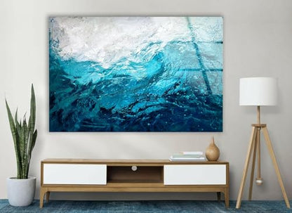 35.5Wx30H'' Blue Waves Abstract Glass Wall ArtTempered Glass Printing Wall Decor Large Wall Art Wall Hangings