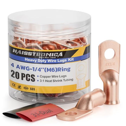 20PCS Battery Cable Lug & Heat Shrink Kit 4 AWG 1