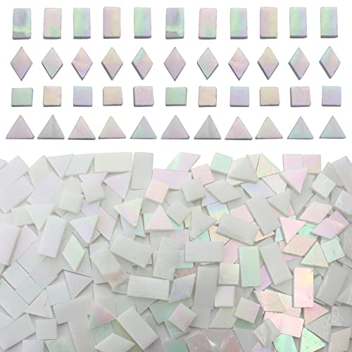 Iridescent White Glass Mosaic Tiles for Crafts (9 Ounce)