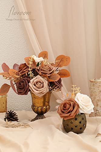 Artificial Flowers 25pcs Real Looking Earth Tones Ombre Colors Foam Fake Roses with Stems for DIY Wedding Bouquets Bridal Shower Floral Centerpieces Party Tables Home Decorations (25 Count)