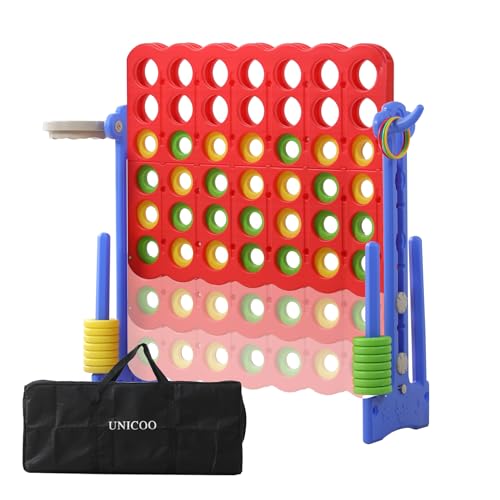 Jumbo 4-in-a-Row Game Set, Height Adjustable Indoor Outdoor Yard Game with Basketball Hoop, Ring Toss & Carrying Bag, Family Party Lawn Game for Kids and Adults