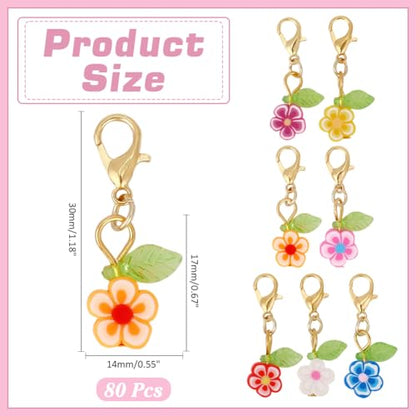 80Pcs Flower Stitch Markers Charms Handmade Polymer Clay Pendant Decorations Alloy Lobster Claw Clasps Charms Knitting Crochet Notions Clip On for Weaving Sewing Bag Ornaments (80 Count)