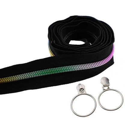 5 Rainbow Metallic Nylon Coil Zippers by The Yard Bulk 10 Yards Black Zipper Tape with 25pcs Silver Sliders for DIY Sewing Tailor Craft Bag