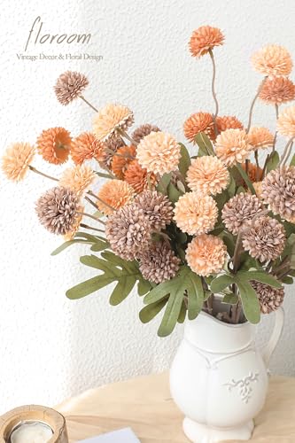 9pcs Burnt Orange Taupe Mix Faux Silk Mums Artificial Flowers (9 Count)