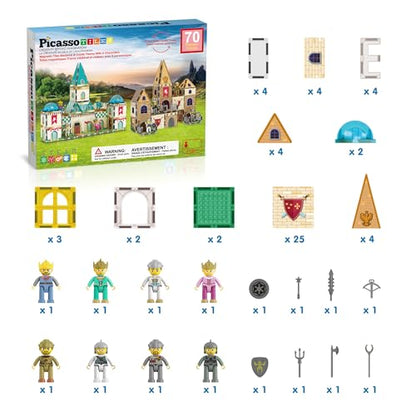 70pc Middle Age Medieval and Castle Theme Tile 2in1 8 Character Action Figures Magnet Tiles Building Block Pretend Magnetic Play Fine Motor Skill STEM Educational Construction Age3+ PTQ01