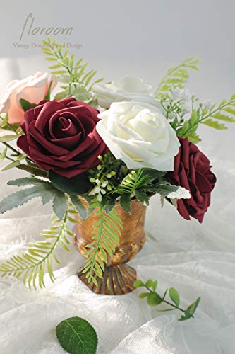 Artificial Flowers 25pcs Real Looking Burgundy Foam Fake Roses with Stems for DIY Wedding Bouquets Red Bridal Shower Centerpieces Party Decorations (25 Count)