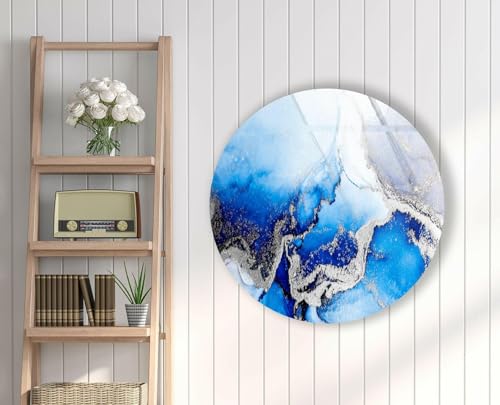 24''(60cm) Diameter Blue Marble Round with Silver Details Glass Wall Art Tempered Glass Printing Wall Decor Large Wall Art Wall Hangings