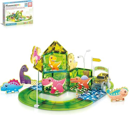 Dinosaur Magnetic Tiles Racecar Track with 8 Magnet Tile Dino Toys 2 Cars Street Sign Accessory Kit Construction Building Blocks Educational Picasso Toy for Kids Ages 3 and up PTR02 (89 Count)