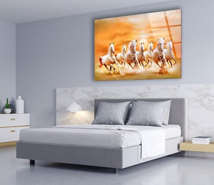 12Wx10H'' White Horses Running on Sunset Glass Wall ArtTempered Glass Printing Wall Decor Large Wall Art Wall Hangings
