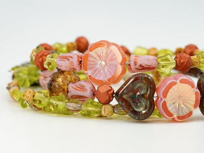 1.4oz (40g) Limited Mix of Czech Glass Beads, Hand Made Set Kit, Green Star Beads Pink Table Cut Hawaii Flower Beads