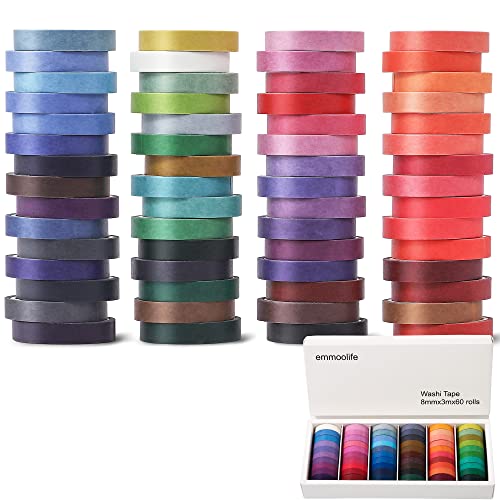 60 Rolls Washi Tape Sets 8mm Wide 10ft Long Basic Solid Color Rainbow Colored Decorative Thin Masking Tapes for Arts (60 Count)