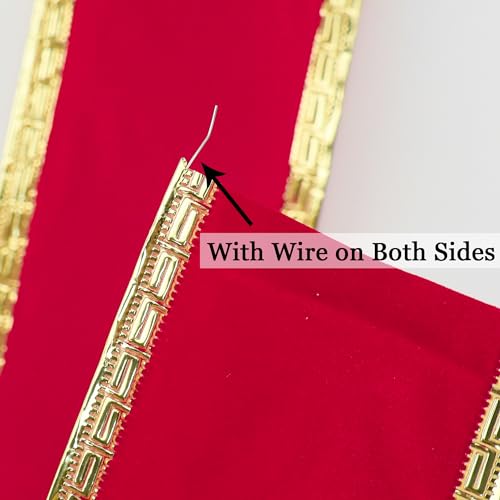 2.5 Inch Red Velvet Christmas Ribbon 10 Yards Velvet Wired Ribbons with Gold Greek Key Edge Ribbons Red Ribbon for Christmas Tree Decoration (30 Foot)