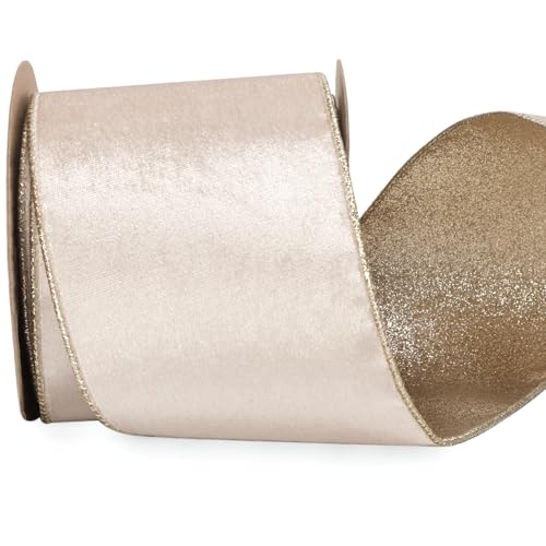 Light Champagne Velvet Wired Ribbon 4 Inch Ivory Velvet with Champagne Glitter Christmas Ribbon for Christmas Tree Decoration Big Bow Gift Wrapping Crafts Wreaths Supplies