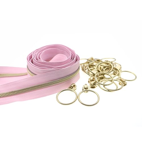 5 Gold Metallic Nylon Coil Zippers by The Yard Bulk 10 Yards Pink Zipper Tape with 25pcs Gold Ring Pull Sliders for DIY Sewing Tailor Craft Bag (25 Count)