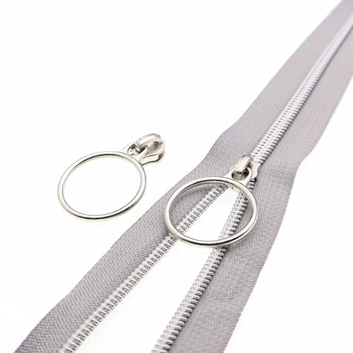5 Silver Metallic Nylon Coil Zippers by the Yard Bulk 10 Yards Gray Zipper Tape with 25pcs Silver Ring Pull Zipper Sliders for DIY Sewing Tailor Craft Bag