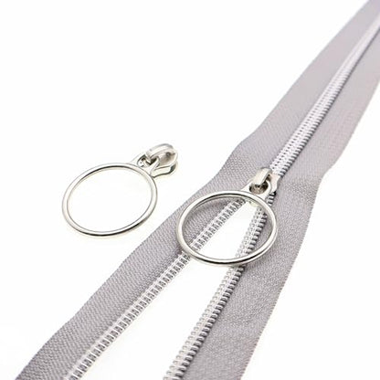 5 Silver Metallic Nylon Coil Zippers by the Yard Bulk 10 Yards Gray Zipper Tape with 25pcs Silver Ring Pull Zipper Sliders for DIY Sewing Tailor Craft Bag
