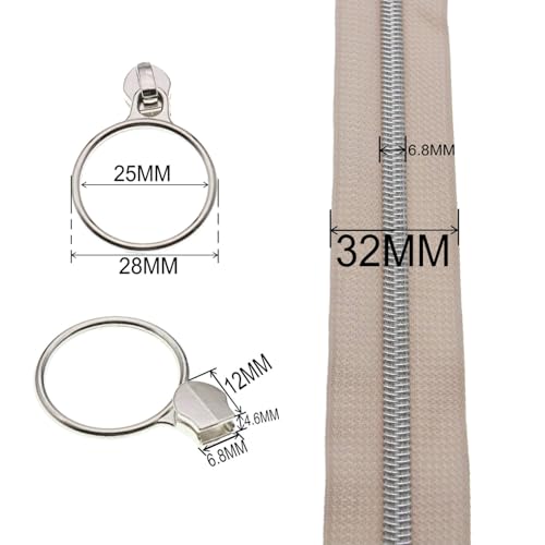 5 Silver Metallic Nylon Coil Zippers by the Yard Bulk 10 Yards Beige Zipper Tape with 25pcs Silver Ring Pull Sliders for DIY Sewing Tailor Craft Bag