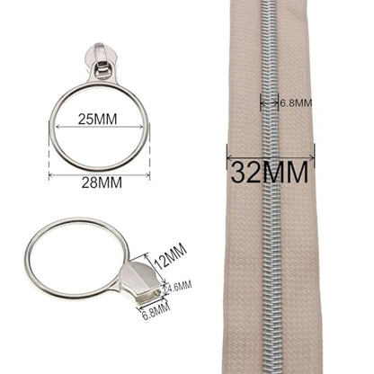 5 Silver Metallic Nylon Coil Zippers by the Yard Bulk 10 Yards Beige Zipper Tape with 25pcs Silver Ring Pull Sliders for DIY Sewing Tailor Craft Bag