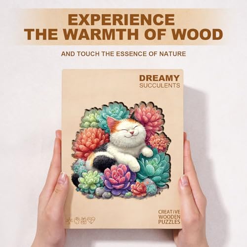 Dreamy Succulents Cat Puzzles Adults Gifts for Women Men Wooden 100 Pieces 8.5 x 8.0in