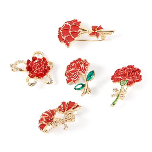 Beadthoven 5Pcs Red Flower Brooches Rose Flower Enamel Pins 3D Floral Alloy Crystal Rhinestone Brooch Metal Lapel Badge Pins for Valentine's Day Holiday Halloween Birthday Jewelry (5 Count)