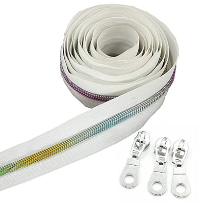 5 Metallic Nylon Coil Zippers by The Yard Colorful Teeth Zipper Bulk 10 Yards White Tape with 25pcs Silver Sliders for DIY Sewing Tailor Craft Bag