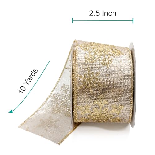 Champagne Gold Metallic Fabric with Gold Snowflake Wired Ribbon 2.5 Inch x 10 Yards for Christmas Home Decor Tree Topper Bow Gift Wrapping DIY Crafts Wreath Garland (30 Foot)