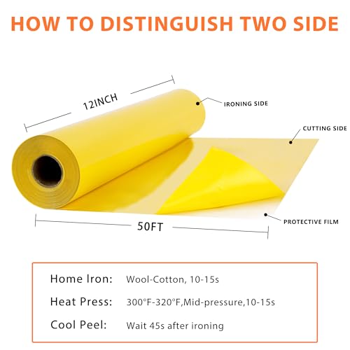 RENLITONG Yellow Iron on Vinyl 12Inch by 50ft Roll Heat Transfer Vinyl for T