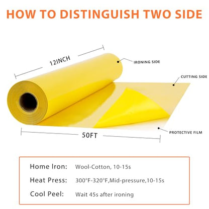 RENLITONG Yellow Iron on Vinyl 12Inch by 50ft Roll Heat Transfer Vinyl for T