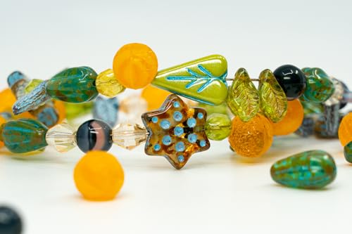 1.4oz (40g) Limited Mix of Czech Glass Beads, Hand Made Set Kit, Heart Leaf Beads and Striped Orange