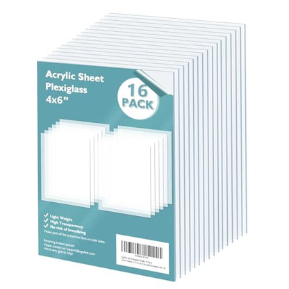 Plexiglass Sheets Acrylic Sheets 16 Pack of 4x6’’ 0.04 Thick Clear Plastic Cast Transparent Plexi Glass for Crafting Projects