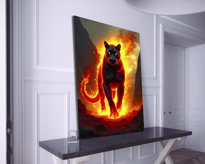 Fiery Black Panther Glass Wall Art Painting for Living Room