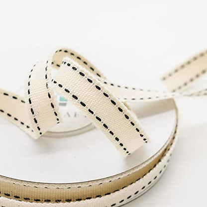 Ivory Cotton Black Stitched Ribbon 3 (30 Foot)