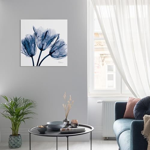 TMP-AK011A-2424 Blue Tulip X-Ray Flower Wall Art on Frameless Free Floating Tempered Glass Panel Ready to Hang, Living Room, Bedroom ＆ Office, 24" x 24" x 0.2"