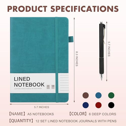 12 Set Lined Notebook Journals with Pens A5 Notebooks 100 GSM College Ruled Hardcover Notebook PU Leather Notepad with Pen Holder for Office School (12 Count)