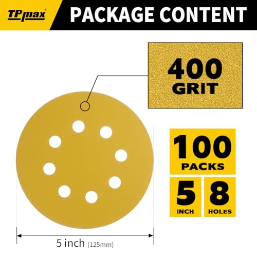100PCS 5 Inch 400 Grit 125mm 8 Hole Sanding Discs Sandpaper (100 Count)