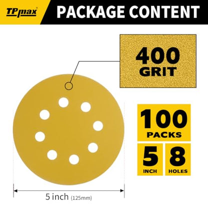 100PCS 5 Inch 400 Grit 125mm 8 Hole Sanding Discs Sandpaper (100 Count)