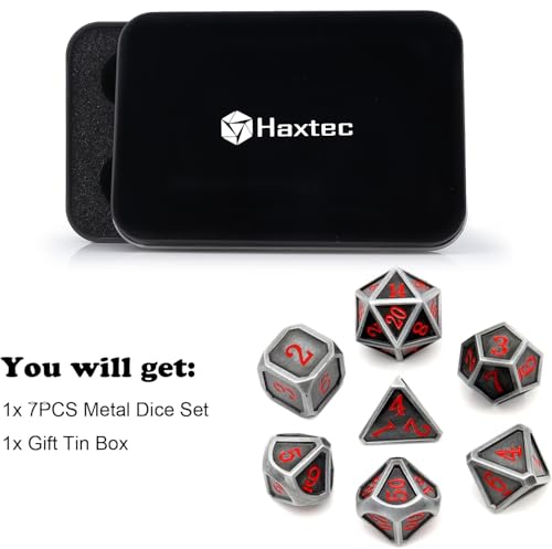 Ancient Silver Metal DND Dice Set D&D 7PCS Large Rounded Antiue Iron RPG Dice Red Numbers for Dungeons and Dragons TTRPG Game Gifts'