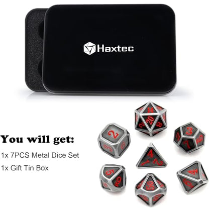 Ancient Silver Metal DND Dice Set D&D 7PCS Large Rounded Antiue Iron RPG Dice Red Numbers for Dungeons and Dragons TTRPG Game Gifts'