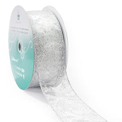Organza with Silver Glitter Snowflakes Wired Ribbon 2.5 inch x 50 Yards for Christmas Home Decor Tree Topper Bow Gift Wrapping DIY Crafts Wreath Garland Wedding (150 Foot)