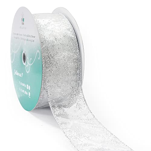 Organza with Silver Glitter Snowflakes Wired Ribbon 2.5 inch x 50 Yards for Christmas Home Decor Tree Topper Bow Gift Wrapping DIY Crafts Wreath Garland Wedding (150 Foot)