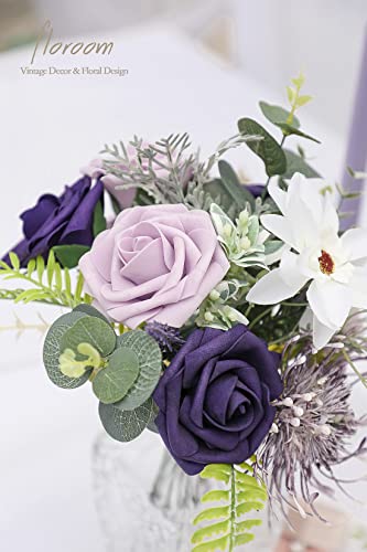 Artificial Flowers 25pcs Real Looking Lilac & Purple Foam Fake Roses with Stems for DIY Wedding Bouquets Bridal Shower Centerpieces Floral Arrangements Party Tables Home Decorations (25 Count)