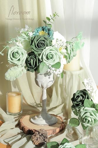 Artificial Flowers 25pcs Real Looking Sage Green & Emerald Green Foam Fake Roses with Stems for DIY Wedding Bouquets Bridal Shower Centerpieces Floral Arrangements Party Tables Decorations (25 Count)
